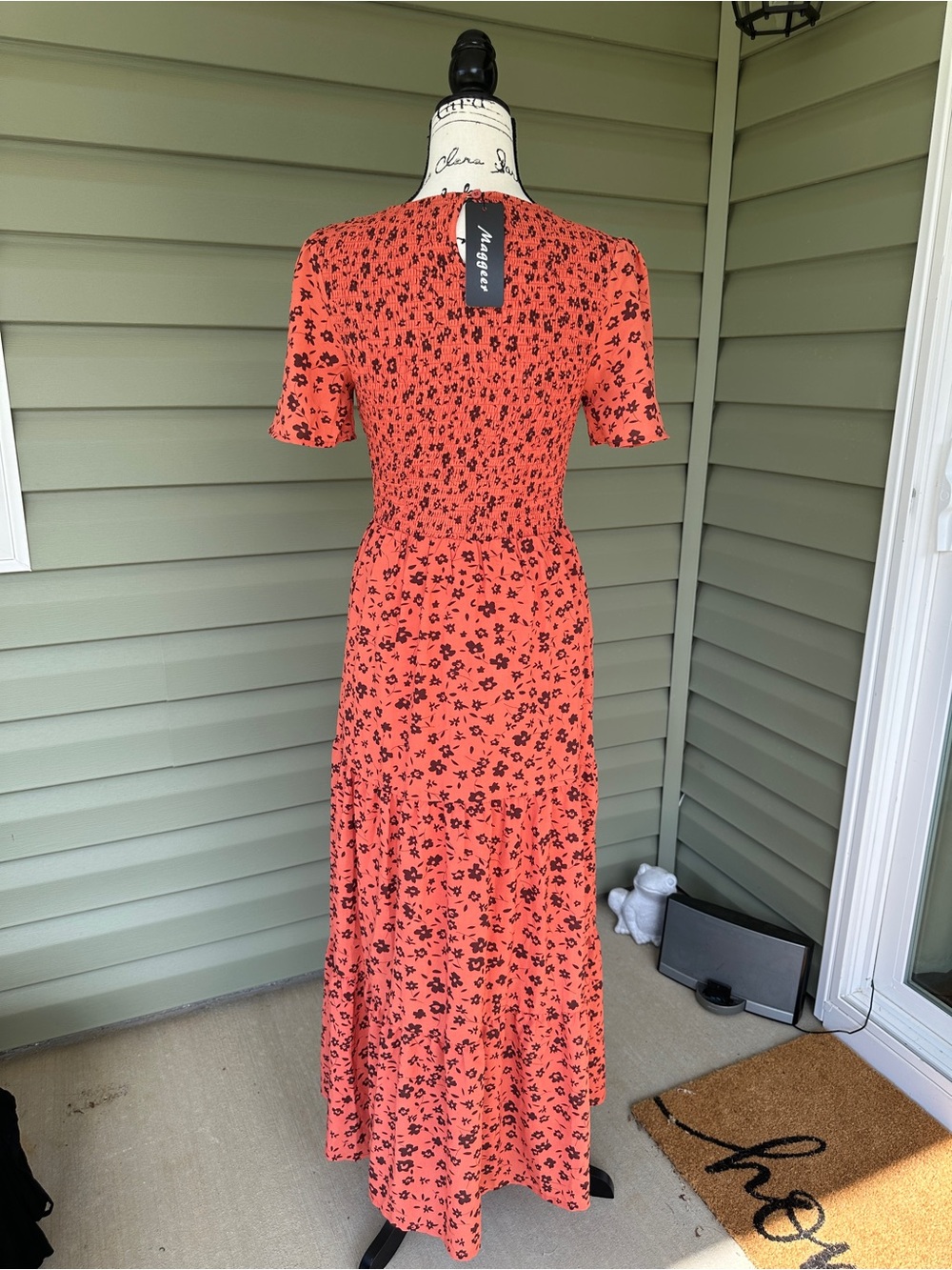 Maggeer beautiful orange w rust colored Floral Maxi Dress with smocking size S - Picture 9 of 14